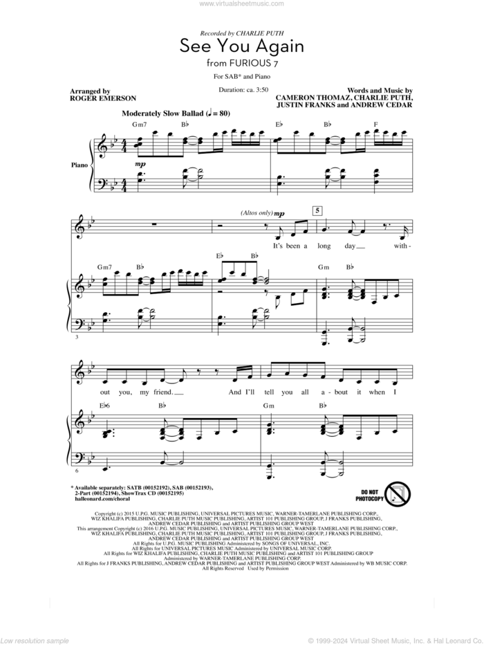 See You Again (feat. Charlie Puth) (arr. Roger Emerson) sheet music for choir (SAB: soprano, alto, bass) by Charlie Puth, Roger Emerson, Wiz Khalifa, Wiz Khalifa feat. Charlie Puth, Andrew Cedar, Cameron Thomaz and Justin Franks, intermediate skill level