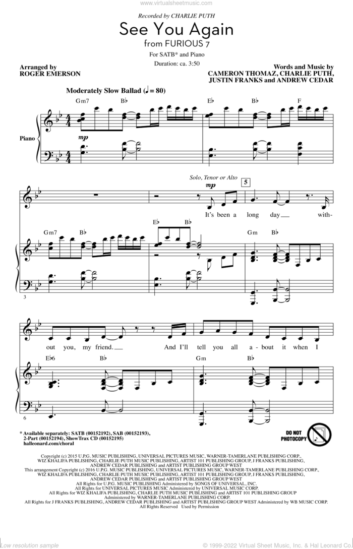 See You Again (feat. Charlie Puth) (arr. Roger Emerson) sheet music for choir (SATB: soprano, alto, tenor, bass) by Charlie Puth, Roger Emerson, Wiz Khalifa, Wiz Khalifa feat. Charlie Puth, Andrew Cedar, Cameron Thomaz and Justin Franks, intermediate skill level