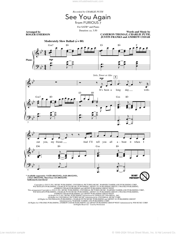 See You Again (feat. Charlie Puth) (arr. Roger Emerson) sheet music for choir (SATB: soprano, alto, tenor, bass) by Charlie Puth, Roger Emerson, Wiz Khalifa, Wiz Khalifa feat. Charlie Puth, Andrew Cedar, Cameron Thomaz and Justin Franks, intermediate skill level