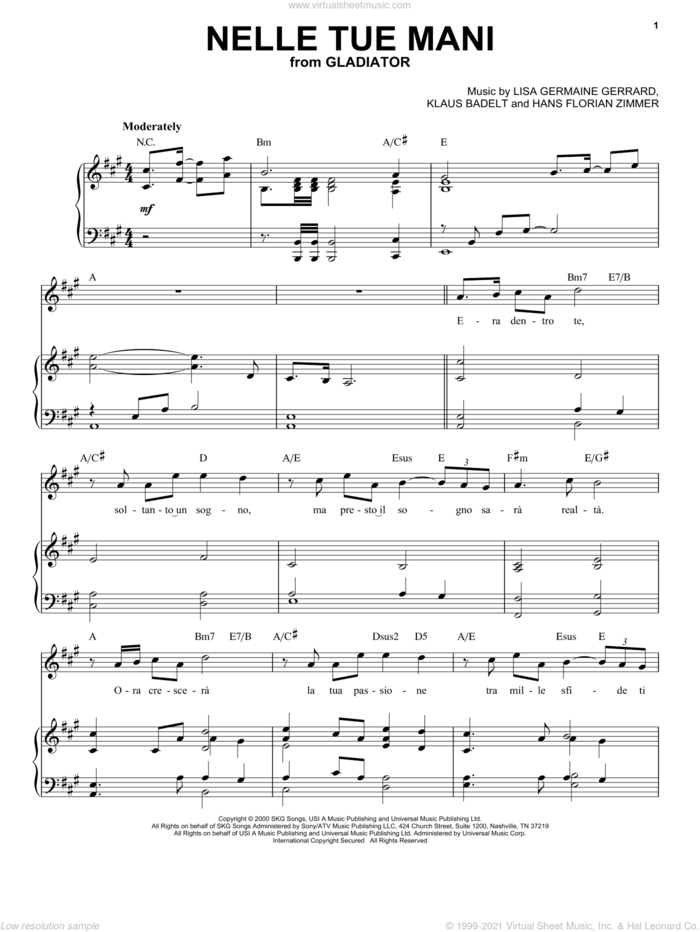 Nelle Tue Mani sheet music for voice and piano by Klaus Badelt, Andrea Bocelli, Hans Florian Zimmer and Lisa Germaine Gerrard, classical score, intermediate skill level