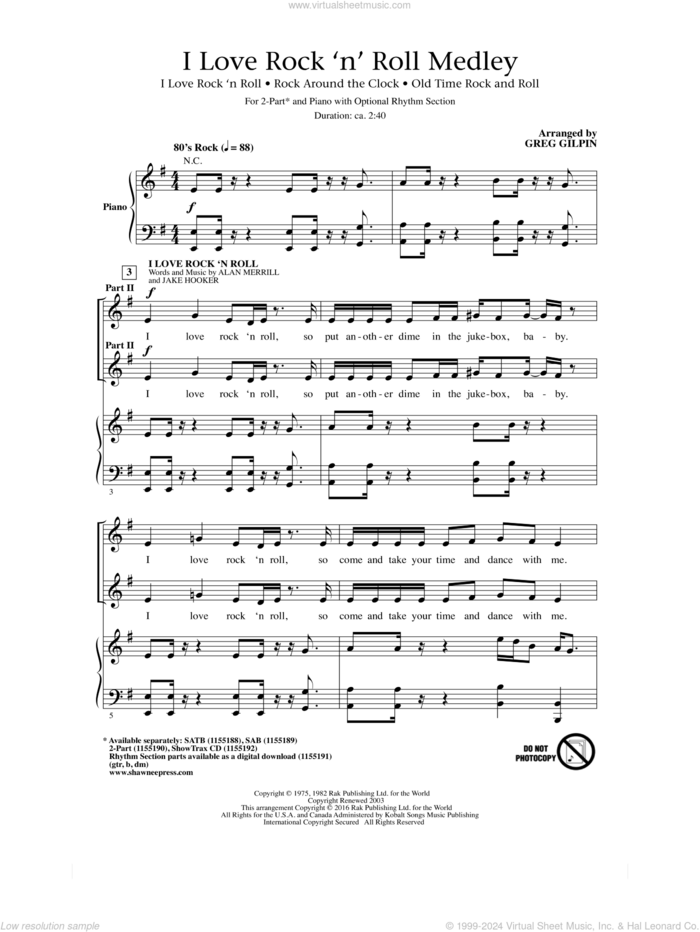 I Love Rock 'n' Roll Medley sheet music for choir (2-Part) by Greg Gilpin, George Jackson, Jimmy DeKnight, Joan Jett & The Blackhearts, Max C. Freedman, Tom Jones, Alan Merrill and Jake Hooker, intermediate duet