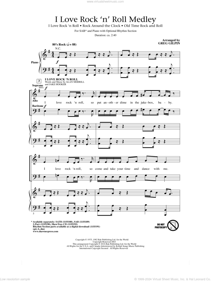 I Love Rock 'n' Roll Medley sheet music for choir (SAB: soprano, alto, bass) by Greg Gilpin, George Jackson, Jimmy DeKnight, Joan Jett & The Blackhearts, Max C. Freedman, Tom Jones, Alan Merrill and Jake Hooker, intermediate skill level