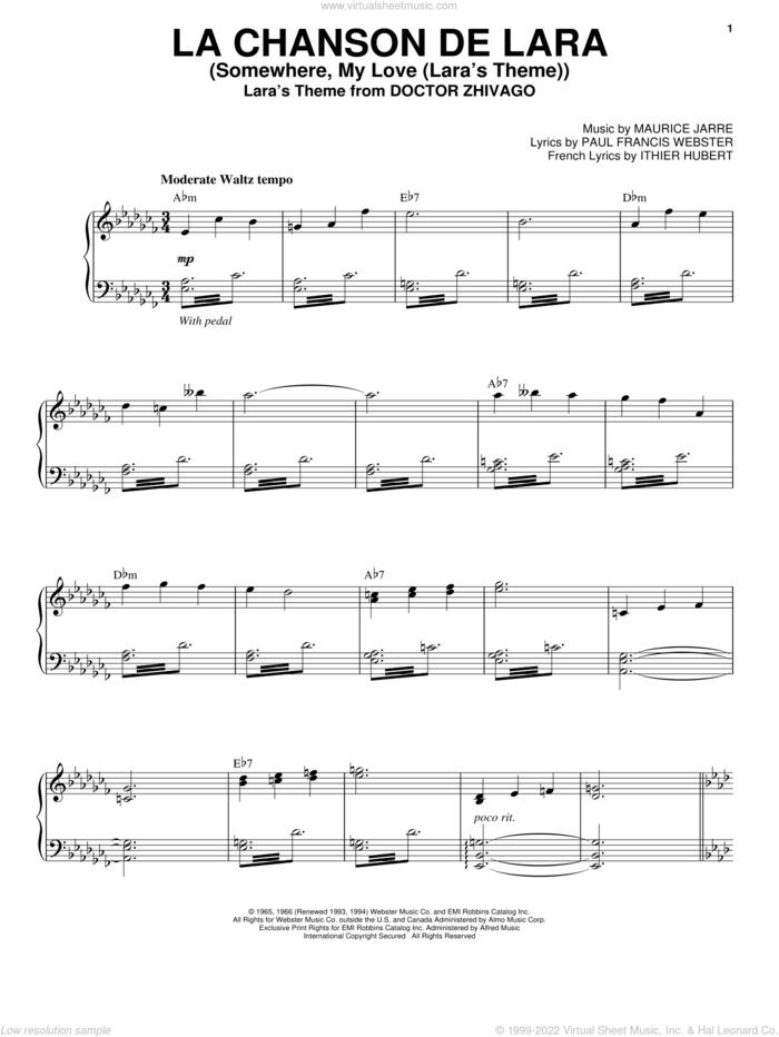 La Chanson De Lara (Somewhere, My Love (Lara's Theme)) sheet music for voice and piano by Paul Francis Webster, Andrea Bocelli, Ithier Hubert and Maurice Jarre, classical score, intermediate skill level