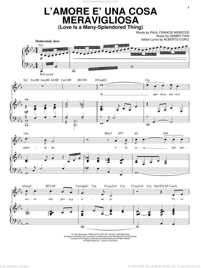 L'Amore E Una Cosa Mervavigliosa (Love Is A Many-Splendored Thing) sheet music for voice and piano by Sammy Fain, Andrea Bocelli, Alberto Curci and Paul Francis Webster, classical score, intermediate skill level