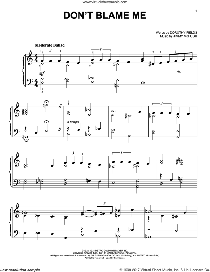 Don't Blame Me sheet music for piano solo by Jimmy McHugh and Dorothy Fields, easy skill level