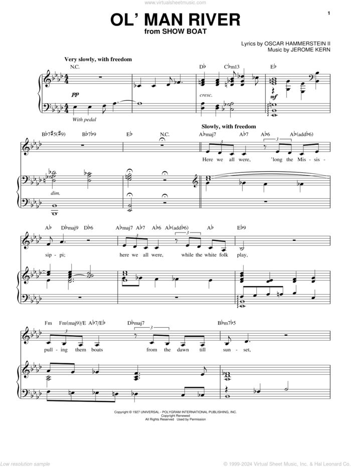 Ol' Man River sheet music for voice and piano by Andrea Bocelli, Jerome Kern and Oscar II Hammerstein, intermediate skill level