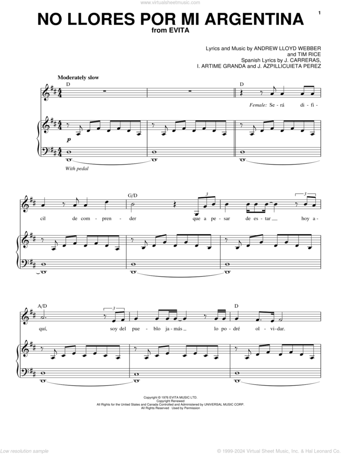 No Llores Por Mi Argentia sheet music for voice and piano by Andrew Lloyd Webber, Andrea Bocelli, I Artime Granda, J. Azpillicuieta Perez, J. Carreras and Tim Rice, classical score, intermediate skill level