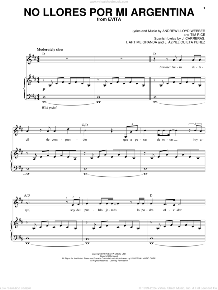 No Llores Por Mi Argentia sheet music for voice and piano by Andrew Lloyd Webber, Andrea Bocelli, I Artime Granda, J. Azpillicuieta Perez, J. Carreras and Tim Rice, classical score, intermediate skill level