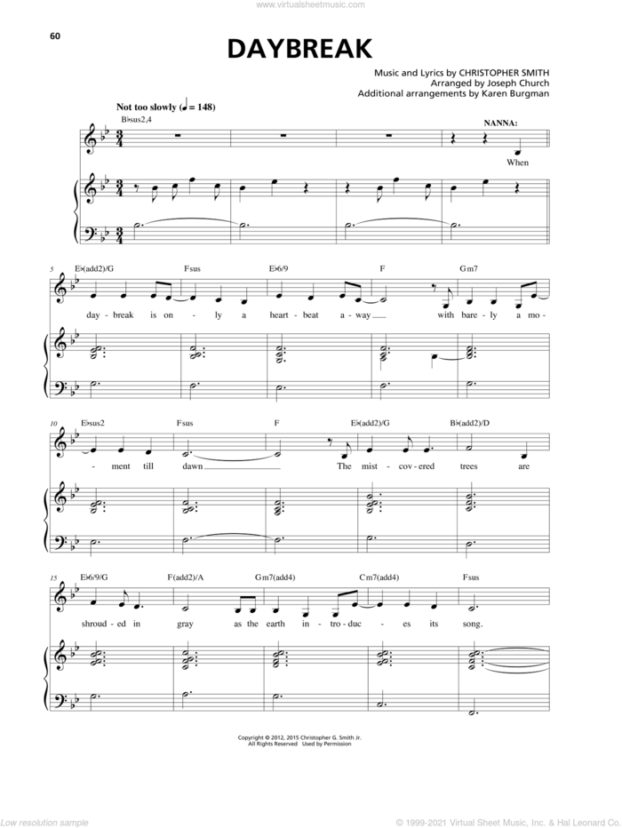 Daybreak sheet music for voice and piano by Christopher Smith, intermediate skill level