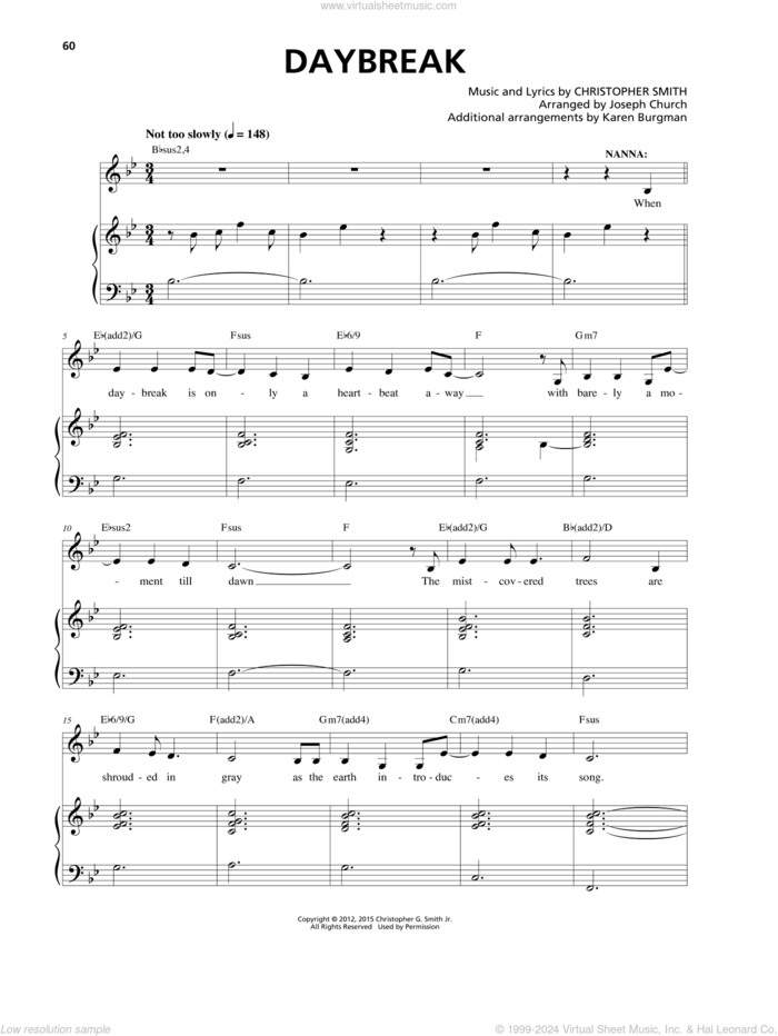 Daybreak sheet music for voice and piano by Christopher Smith, intermediate skill level