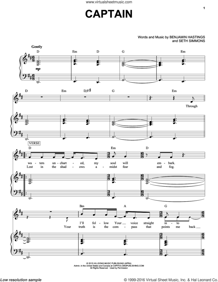 Captain sheet music for voice and piano by Hillsong United, Benjamin Hastings and Seth Simmons, intermediate skill level
