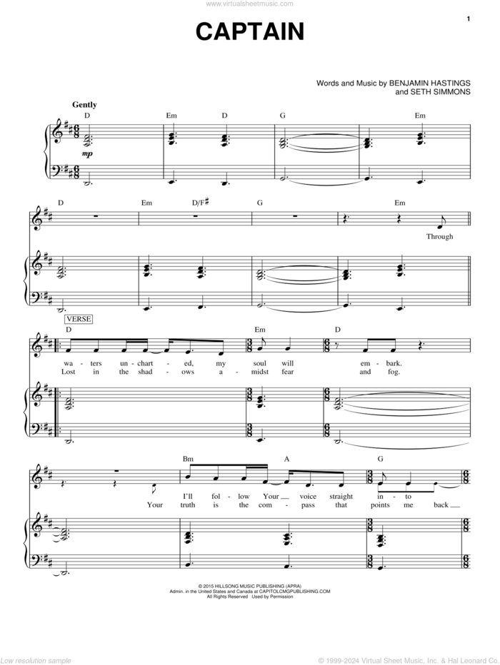 Captain sheet music for voice and piano by Hillsong United, Benjamin Hastings and Seth Simmons, intermediate skill level