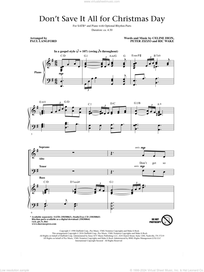 Don't Save It All For Christmas Day sheet music for choir (SATB: soprano, alto, tenor, bass) by Celine Dion, Paul Langford, Avalon, Peter Zizzo and Ric Wake, intermediate skill level