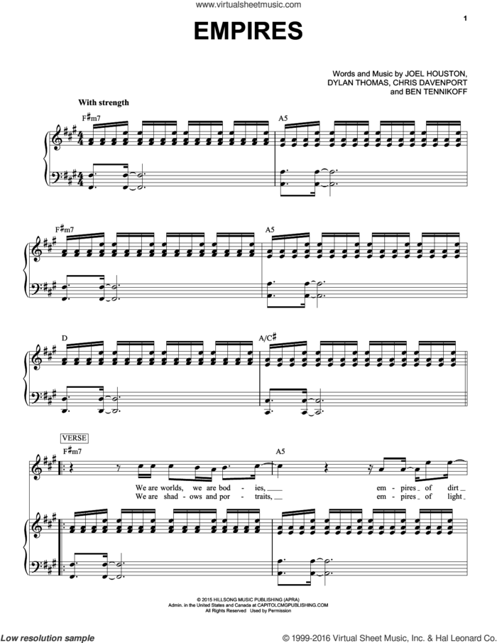 Empires sheet music for voice and piano by Hillsong United, Ben Tennikoff, Chris Davenport, Dylan Thomas and Joel Houston, intermediate skill level