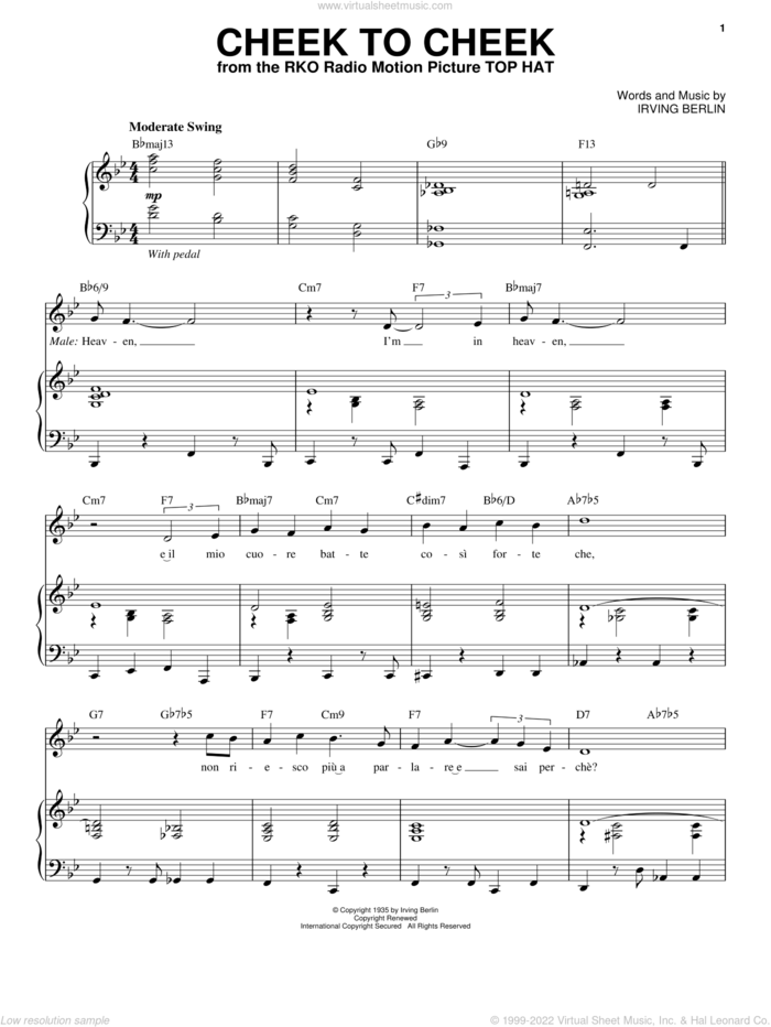 Cheek To Cheek sheet music for voice and piano by Andrea Bocelli, Fred Astaire and Irving Berlin, intermediate skill level