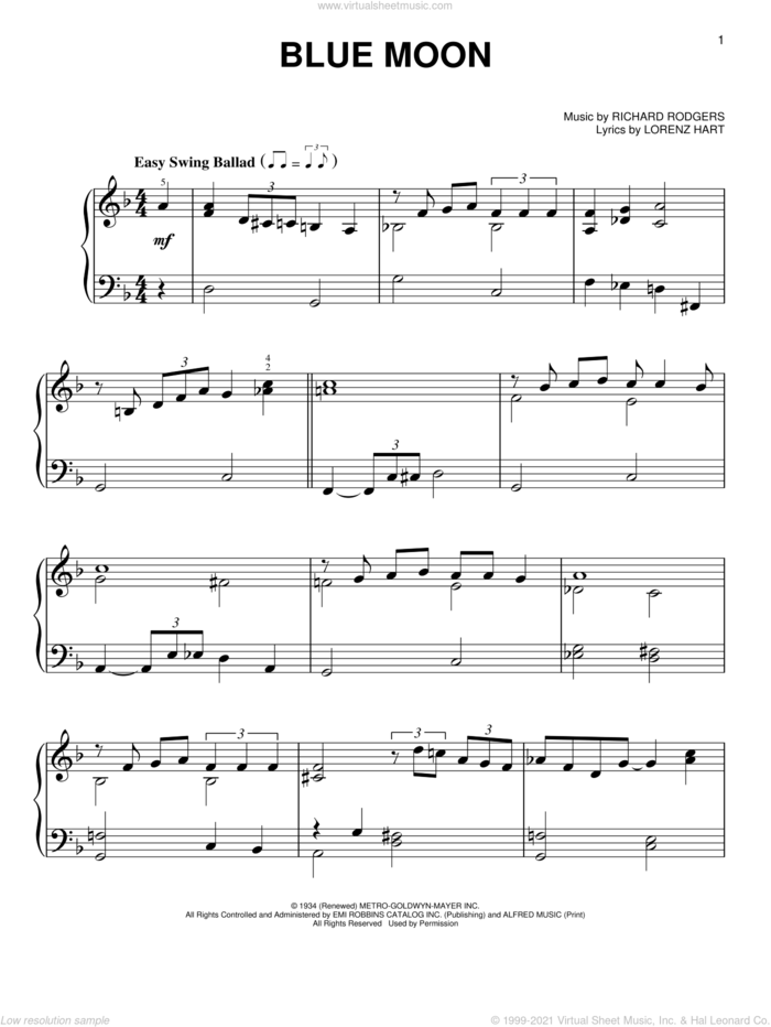 Blue Moon, (easy) sheet music for piano solo by Rodgers & Hart, Elvis Presley, The Marcels, Lorenz Hart and Richard Rodgers, easy skill level