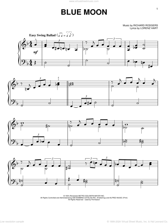 Blue Moon, (easy) sheet music for piano solo by Rodgers & Hart, Elvis Presley, The Marcels, Lorenz Hart and Richard Rodgers, easy skill level