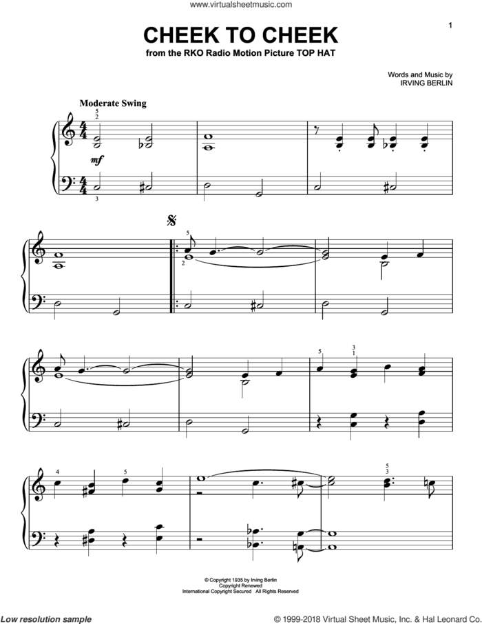 Cheek To Cheek sheet music for piano solo by Irving Berlin and Fred Astaire, easy skill level
