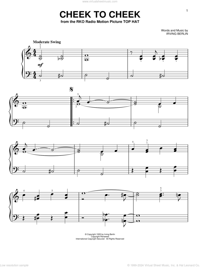 Cheek To Cheek sheet music for piano solo by Irving Berlin and Fred Astaire, easy skill level