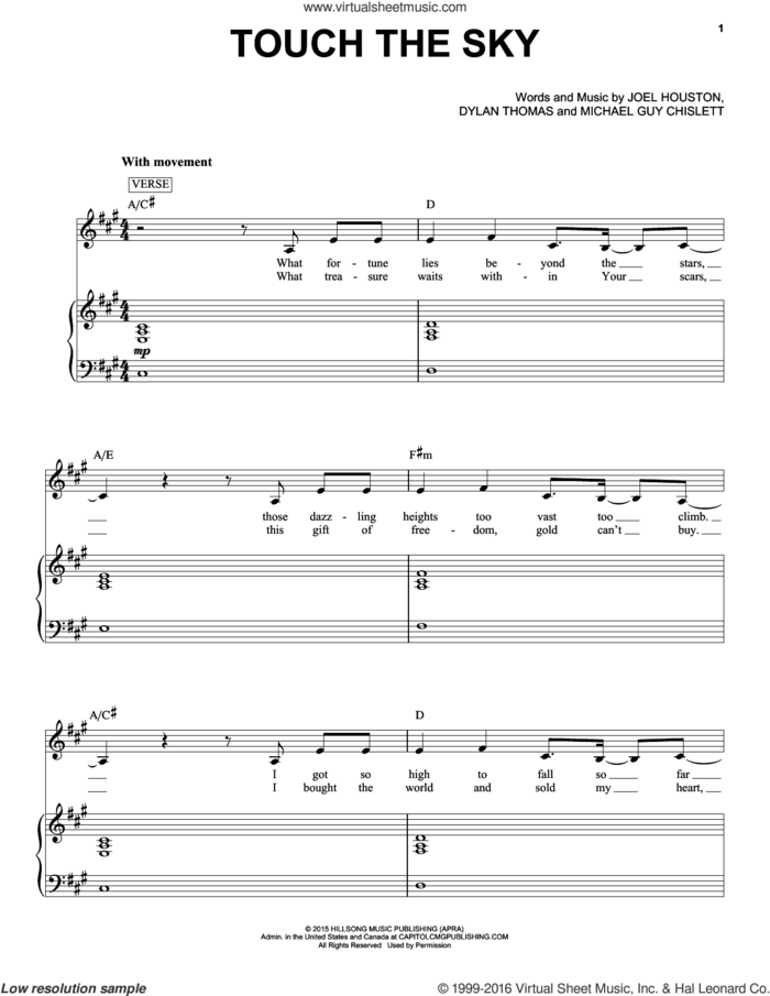 Touch The Sky sheet music for voice and piano by Hillsong United, Dylan Thomas, Joel Houston and Michael Guy Chislett, intermediate skill level