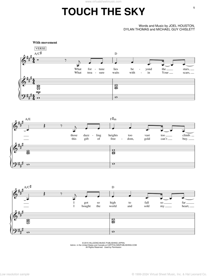 Touch The Sky sheet music for voice and piano by Hillsong United, Dylan Thomas, Joel Houston and Michael Guy Chislett, intermediate skill level