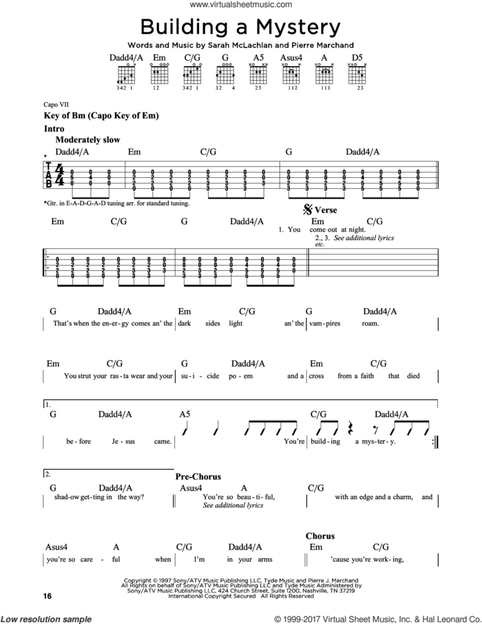 Building A Mystery sheet music for guitar solo (lead sheet) by Sarah McLachlan and Pierre Marchand, intermediate guitar (lead sheet)