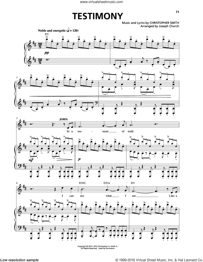 Testimony sheet music for voice and piano by Christopher Smith, intermediate skill level