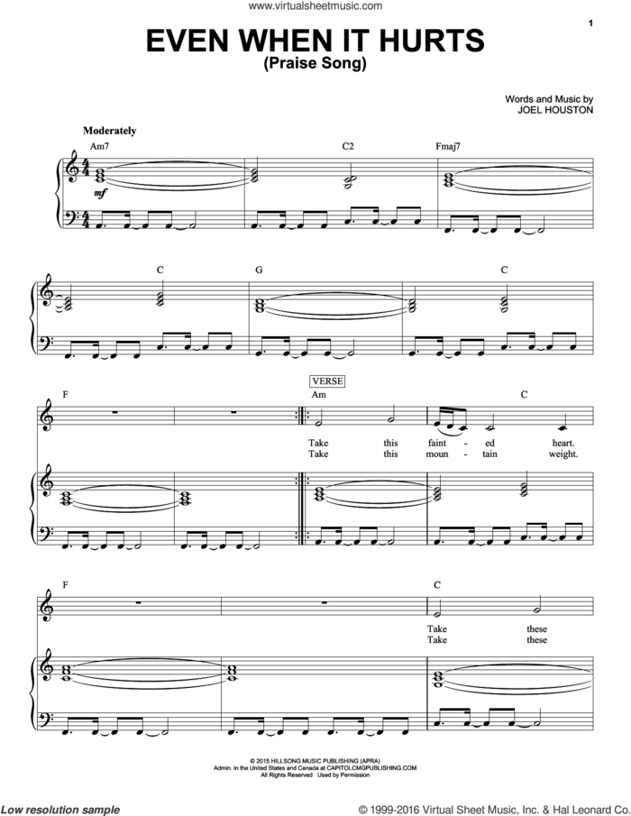 Even When It Hurts (Praise Song) sheet music for voice and piano by Hillsong United and Joel Houston, intermediate skill level