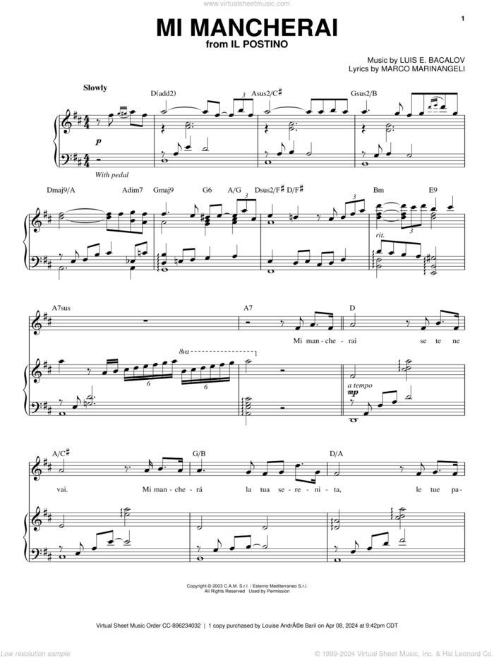 Mi Mancherai (Il Postino) sheet music for voice and piano by Andrea Bocelli, Josh Groban, Luis E. Bacalov and Marco Marinangeli, classical score, intermediate skill level