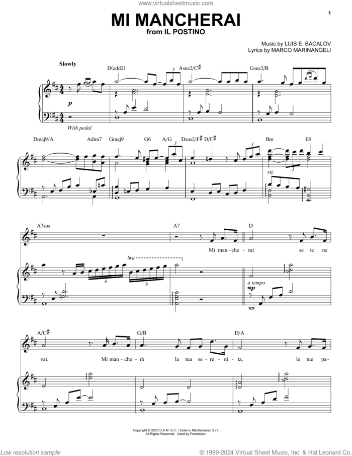 Mi Mancherai (Il Postino) sheet music for voice and piano by Andrea Bocelli, Josh Groban, Luis E. Bacalov and Marco Marinangeli, classical score, intermediate skill level