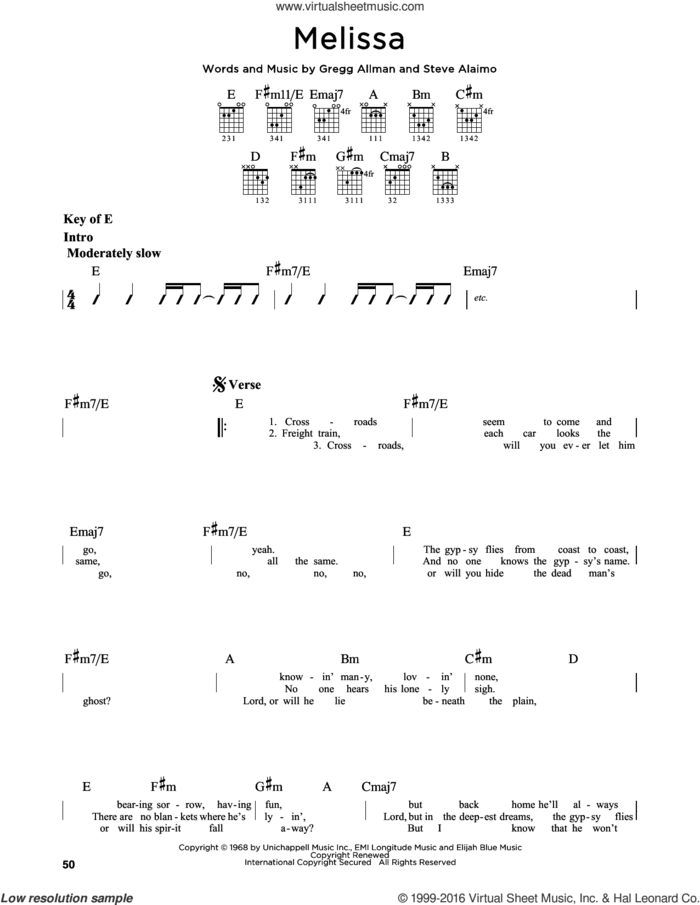 Melissa sheet music for guitar solo (lead sheet) by Allman Brothers, The Allman Brothers Band, Gregg Allman and Steve Alaimo, intermediate guitar (lead sheet)