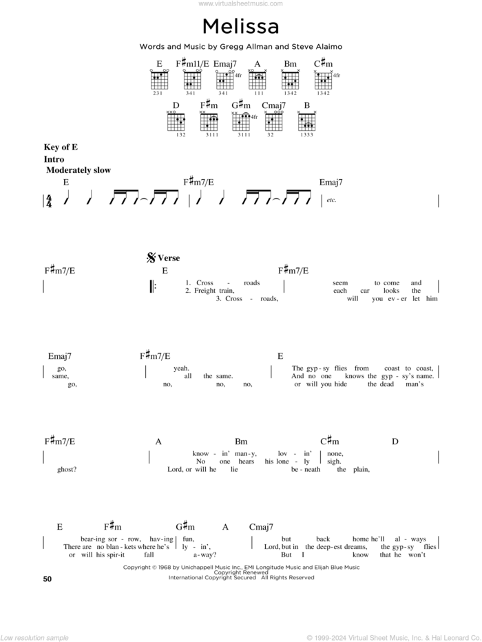 Melissa sheet music for guitar solo (lead sheet) by Allman Brothers, The Allman Brothers Band, Gregg Allman and Steve Alaimo, intermediate guitar (lead sheet)