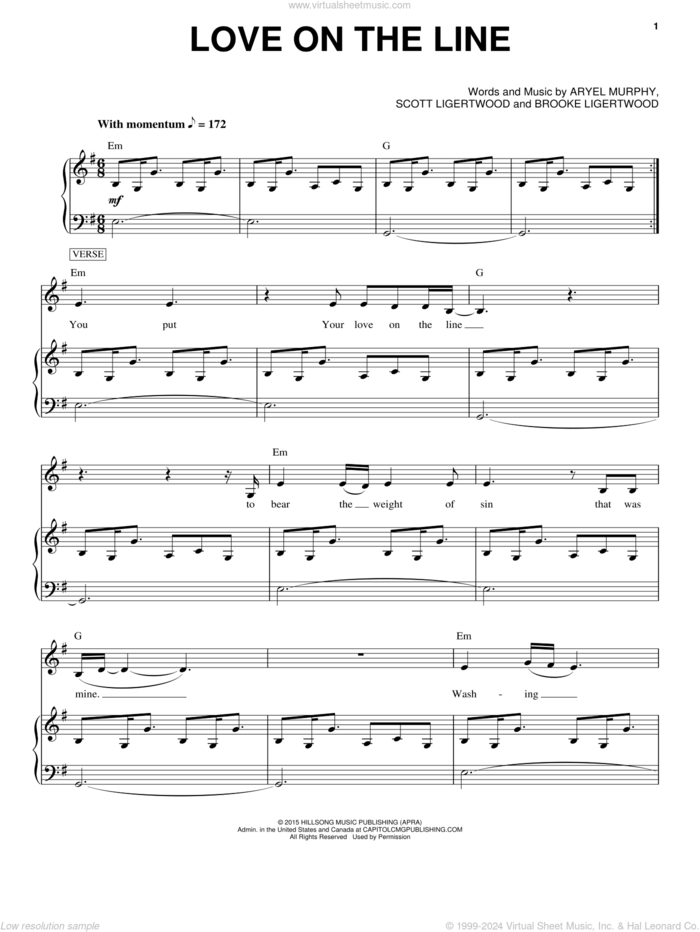 Love On The Line sheet music for voice and piano by Hillsong Worship, Aryel Murphy, Brooke Ligertwood and Scott Ligertwood, intermediate skill level