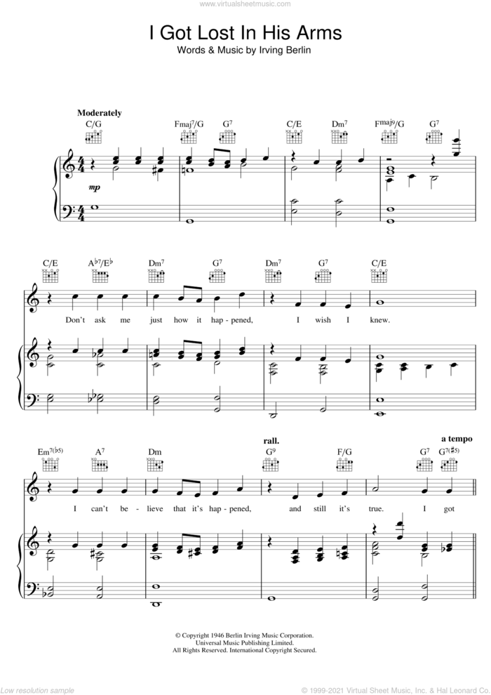I Got Lost In His Arms sheet music for voice, piano or guitar by Irving Berlin, intermediate skill level