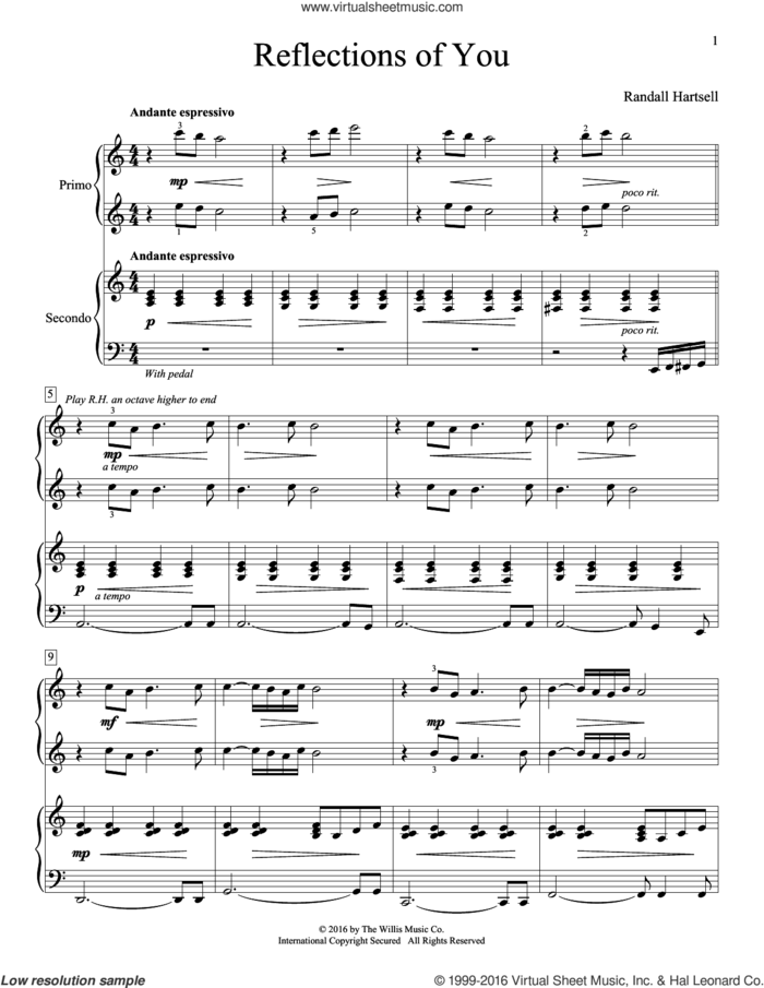 Reflections Of You sheet music for piano four hands by Randall Hartsell, intermediate skill level