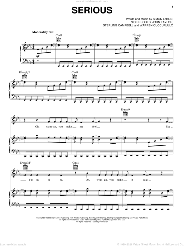 Serious sheet music for voice, piano or guitar by Duran Duran, John Taylor, Nick Rhodes, Simon LeBon, Sterling Campbell and Warren Cuccurullo, intermediate skill level