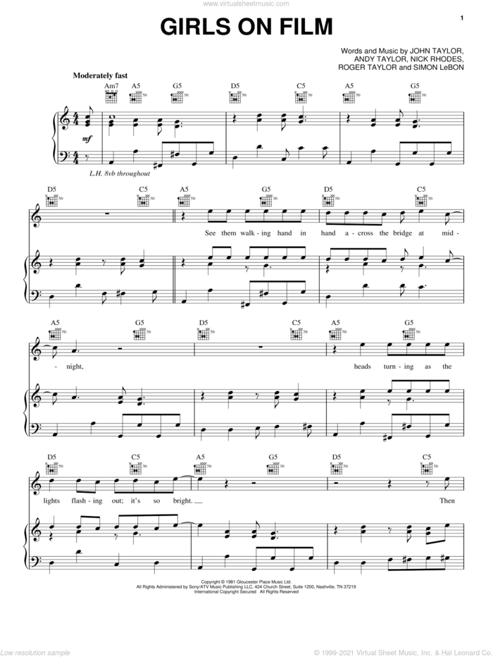 Girls On Film sheet music for voice, piano or guitar by Duran Duran, Andrew Taylor, John Taylor, Nick Rhodes, Roger Taylor and Simon LeBon, intermediate skill level