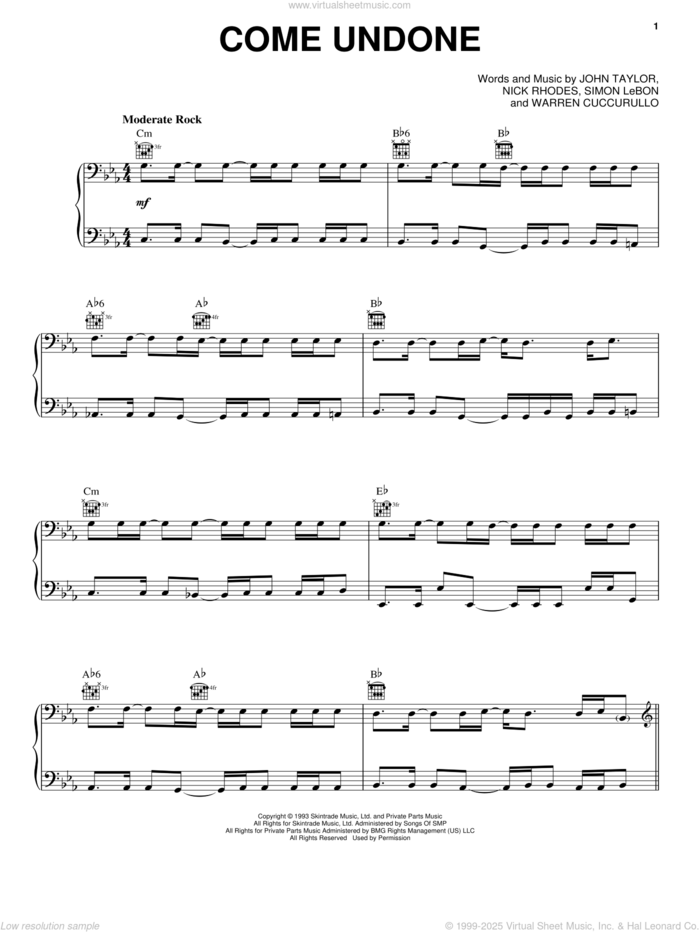 Come Undone sheet music for voice, piano or guitar by Duran Duran, John Taylor, Nick Rhodes, Simon LeBon and Warren Cuccurullo, intermediate skill level