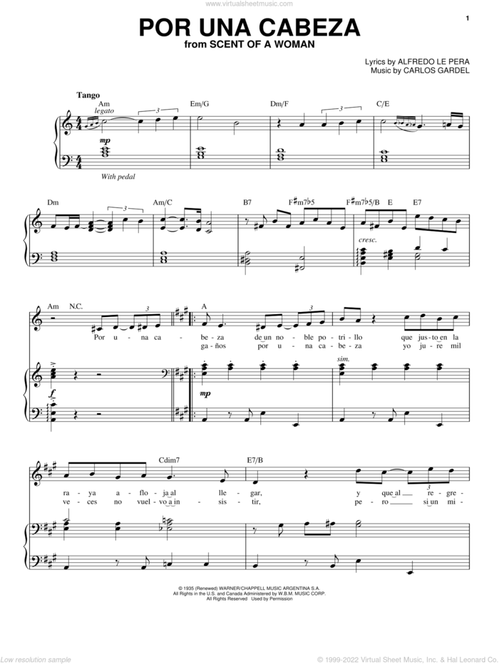 Por Una Cabeza sheet music for voice and piano by Andrea Bocelli, Alfredo Le Pera and Carlos Gardel, intermediate skill level