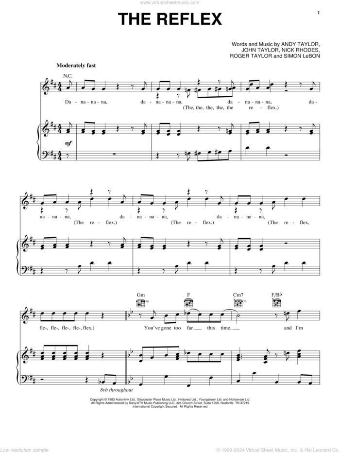 The Reflex sheet music for voice, piano or guitar by Duran Duran, Andrew Taylor, John Taylor, Nick Rhodes, Roger Taylor and Simon LeBon, intermediate skill level
