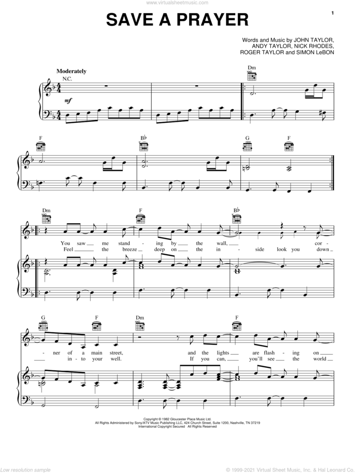 Save A Prayer sheet music for voice, piano or guitar by Duran Duran, Andrew Taylor, John Taylor, Nick Rhodes, Roger Taylor and Simon LeBon, intermediate skill level