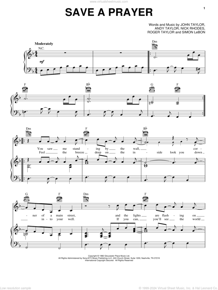 Save A Prayer sheet music for voice, piano or guitar by Duran Duran, Andrew Taylor, John Taylor, Nick Rhodes, Roger Taylor and Simon LeBon, intermediate skill level