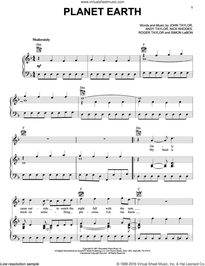 Planet Earth sheet music for voice, piano or guitar by Duran Duran, Andrew Taylor, John Taylor, Nick Rhodes, Roger Taylor and Simon LeBon, intermediate skill level