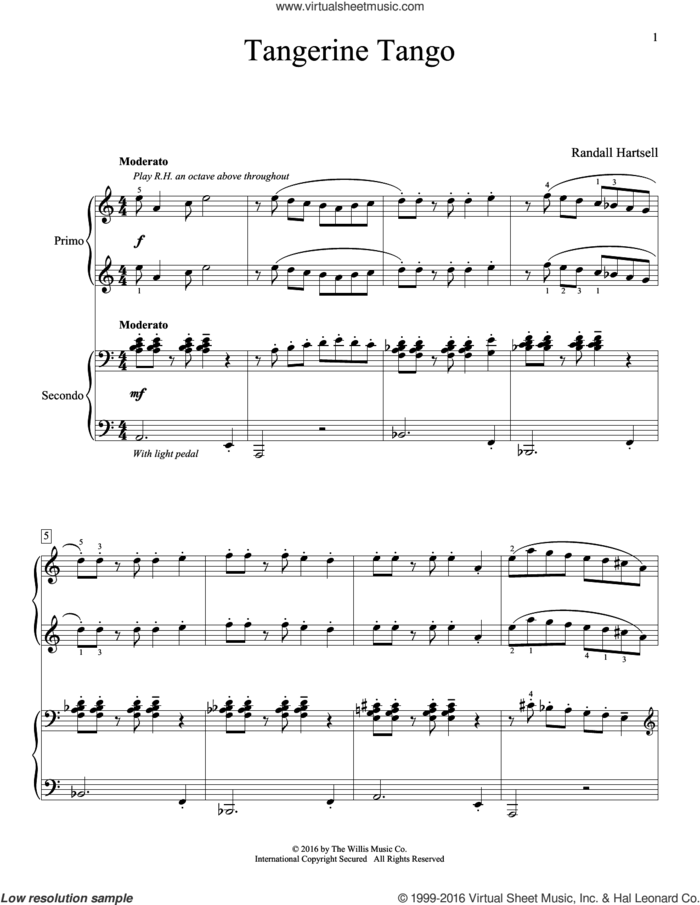 Tangerine Tango sheet music for piano four hands by Randall Hartsell, intermediate skill level