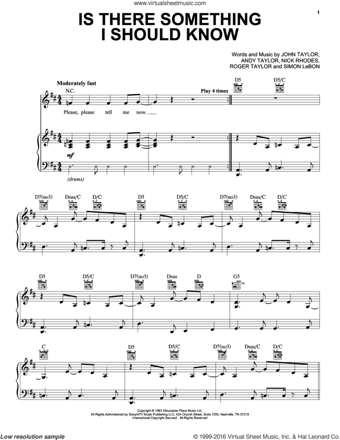 Is There Something I Should Know sheet music for voice, piano or guitar by Duran Duran, Andrew Taylor, John Taylor, Nick Rhodes, Roger Taylor and Simon LeBon, intermediate skill level