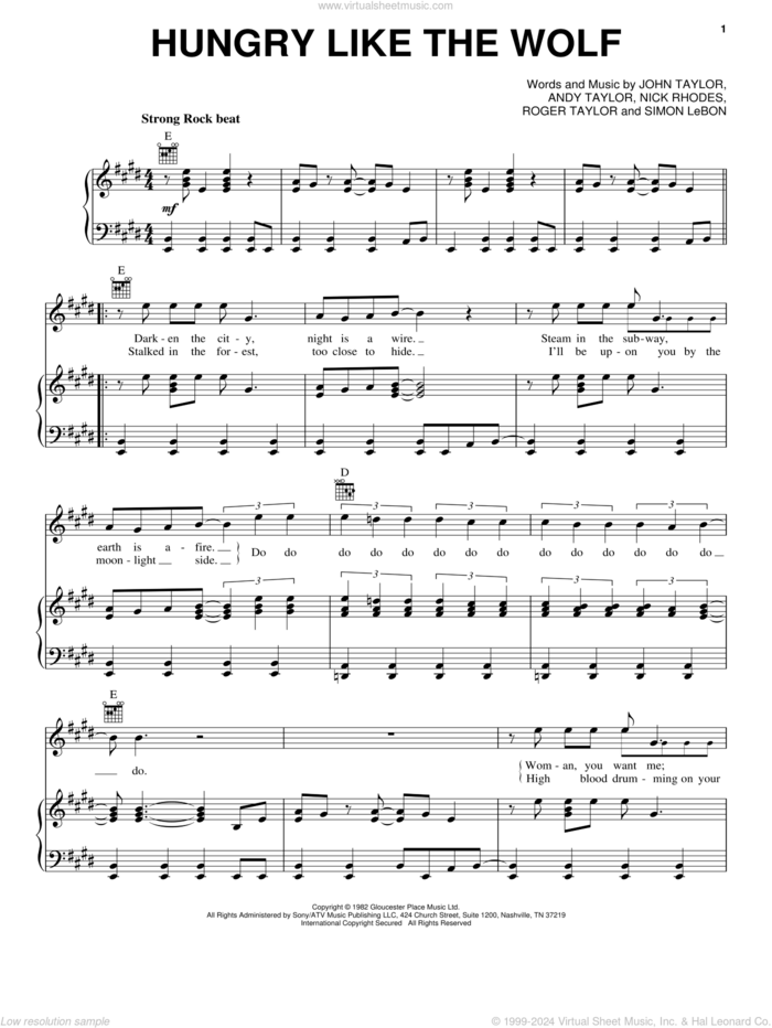 Hungry Like The Wolf sheet music for voice, piano or guitar by Duran Duran, Andrew Taylor, John Taylor, Nick Rhodes, Roger Taylor and Simon LeBon, intermediate skill level