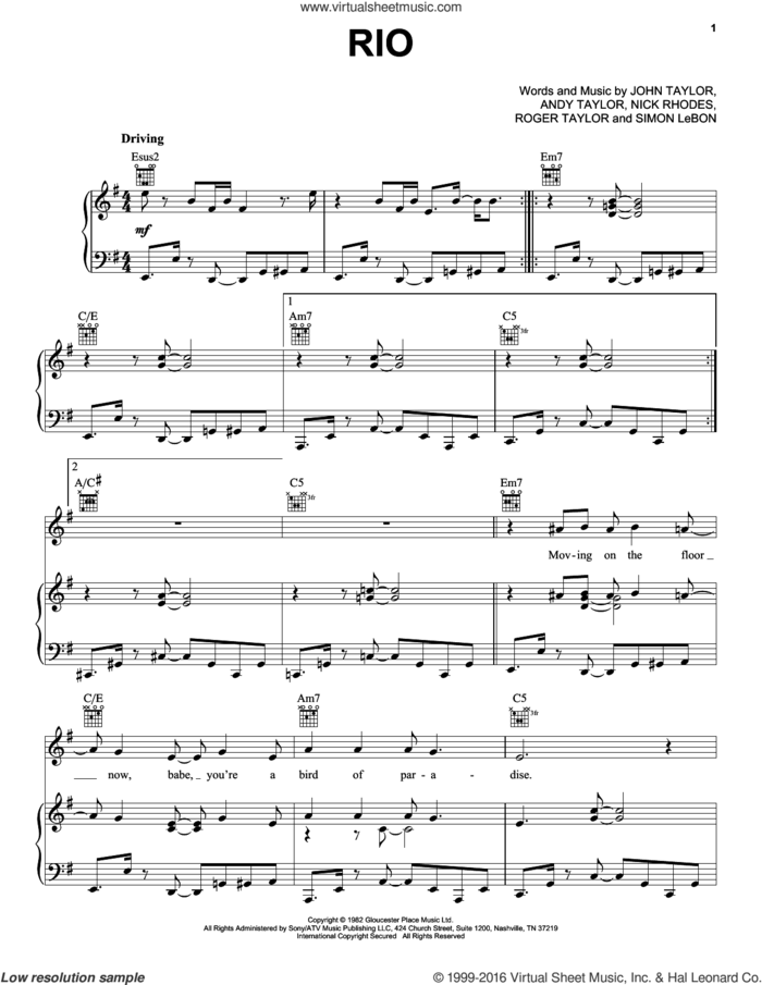 Rio sheet music for voice, piano or guitar by Duran Duran, Andrew Taylor, John Taylor, Nick Rhodes, Roger Taylor and Simon LeBon, intermediate skill level