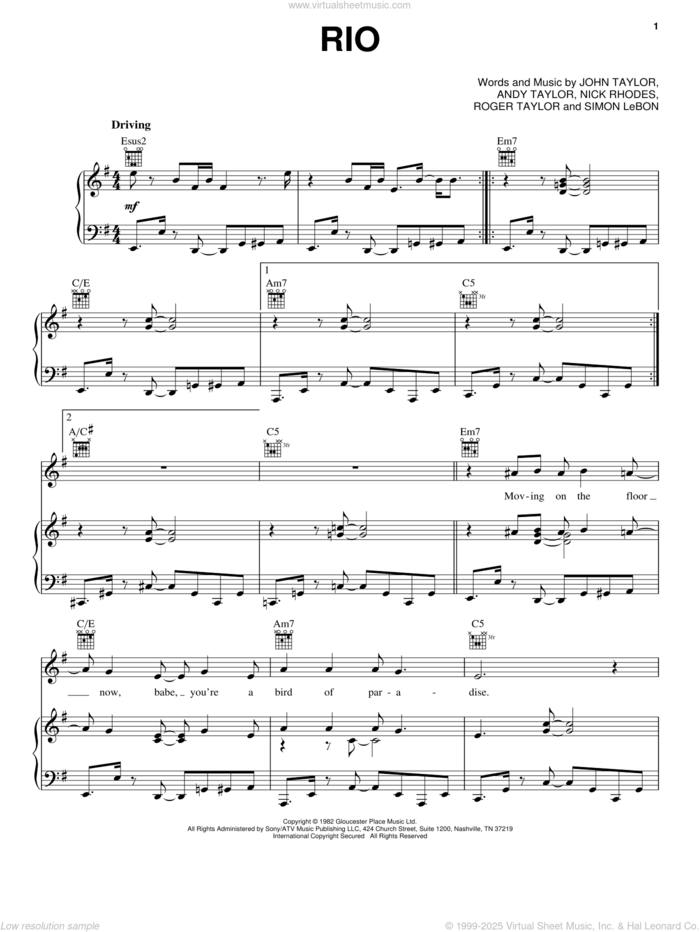 Rio sheet music for voice, piano or guitar by Duran Duran, Andrew Taylor, John Taylor, Nick Rhodes, Roger Taylor and Simon LeBon, intermediate skill level