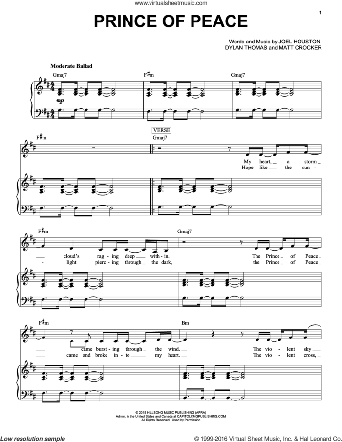 Prince Of Peace sheet music for voice and piano by Hillsong United, Dylan Thomas, Joel Houston and Matt Crocker, intermediate skill level