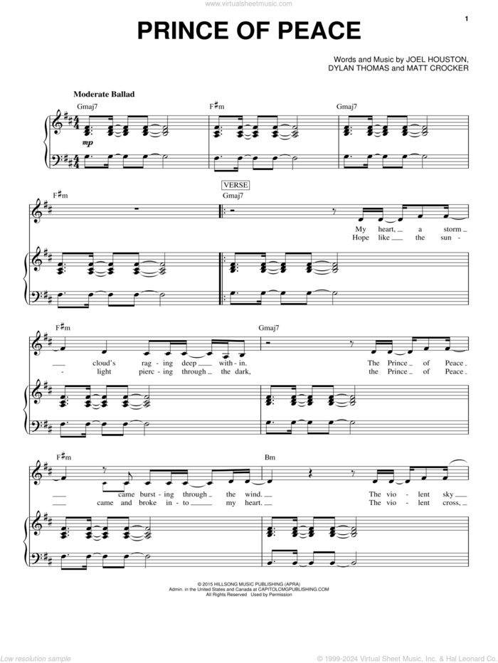 Prince Of Peace sheet music for voice and piano by Hillsong United, Dylan Thomas, Joel Houston and Matt Crocker, intermediate skill level